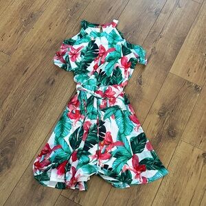 Versona Tropical Floral Cold-Shoulder Dress in White, Green & Pink